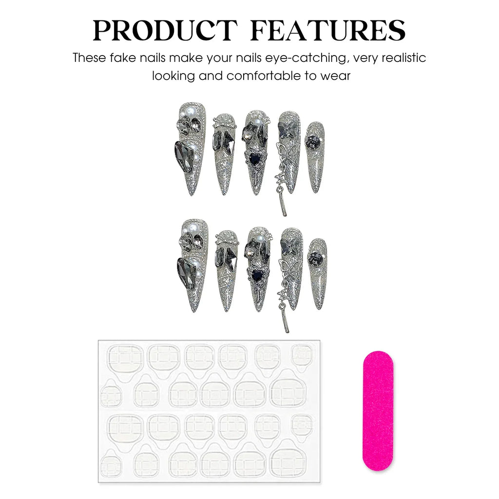 Rhinestone Glitter Press-On Nails – Long Pointed Bridal Set