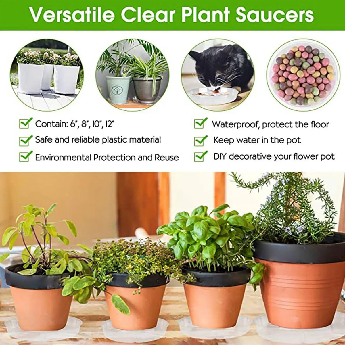 5-Pack Clear Round Plant Saucers | Plastic Pot Trays 6" 8" 10"