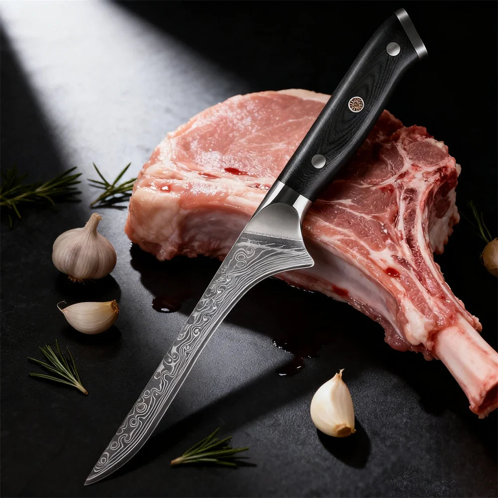 67-Layer Damascus Steel Boning Knife – Forged Kitchen Knife