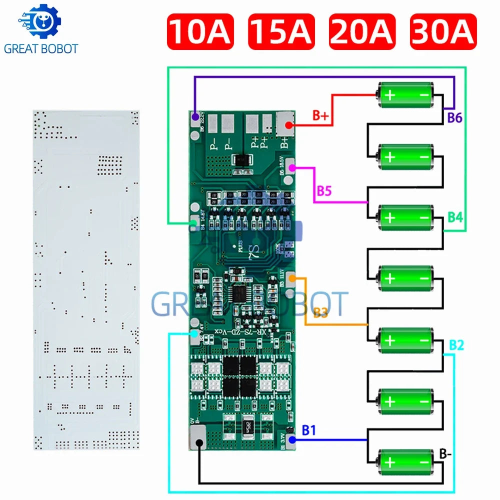 7S 24V BMS 10A–30A Li-ion Battery Protection Board w/ Balance