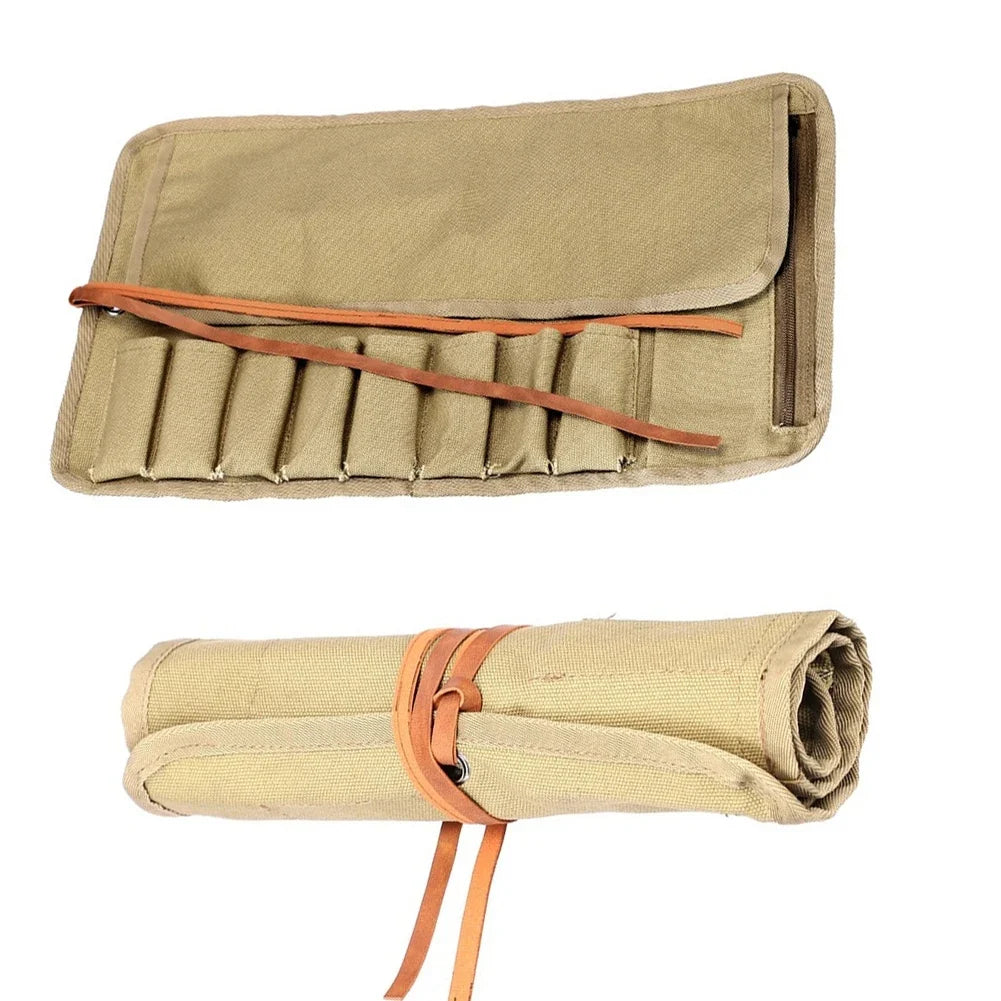 8-Compartment Roll-Up Tool Bag – Canvas Organizer Pouch