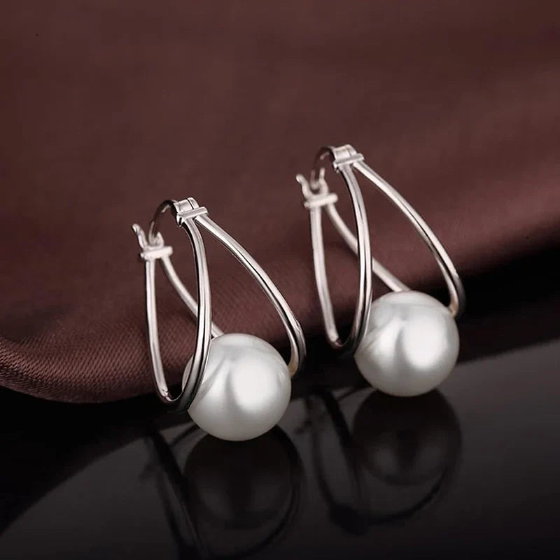 Huitan Imitation Pearl Hoop Earrings for Women – Silver