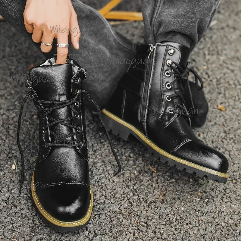 Men's Retro Leather Ankle Boots – Double Zipper Motorcycle Style