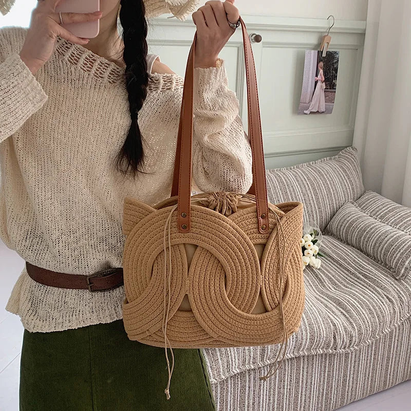Woven Drawstring Shoulder Bag – Women's Vintage Tote Underarm Bag