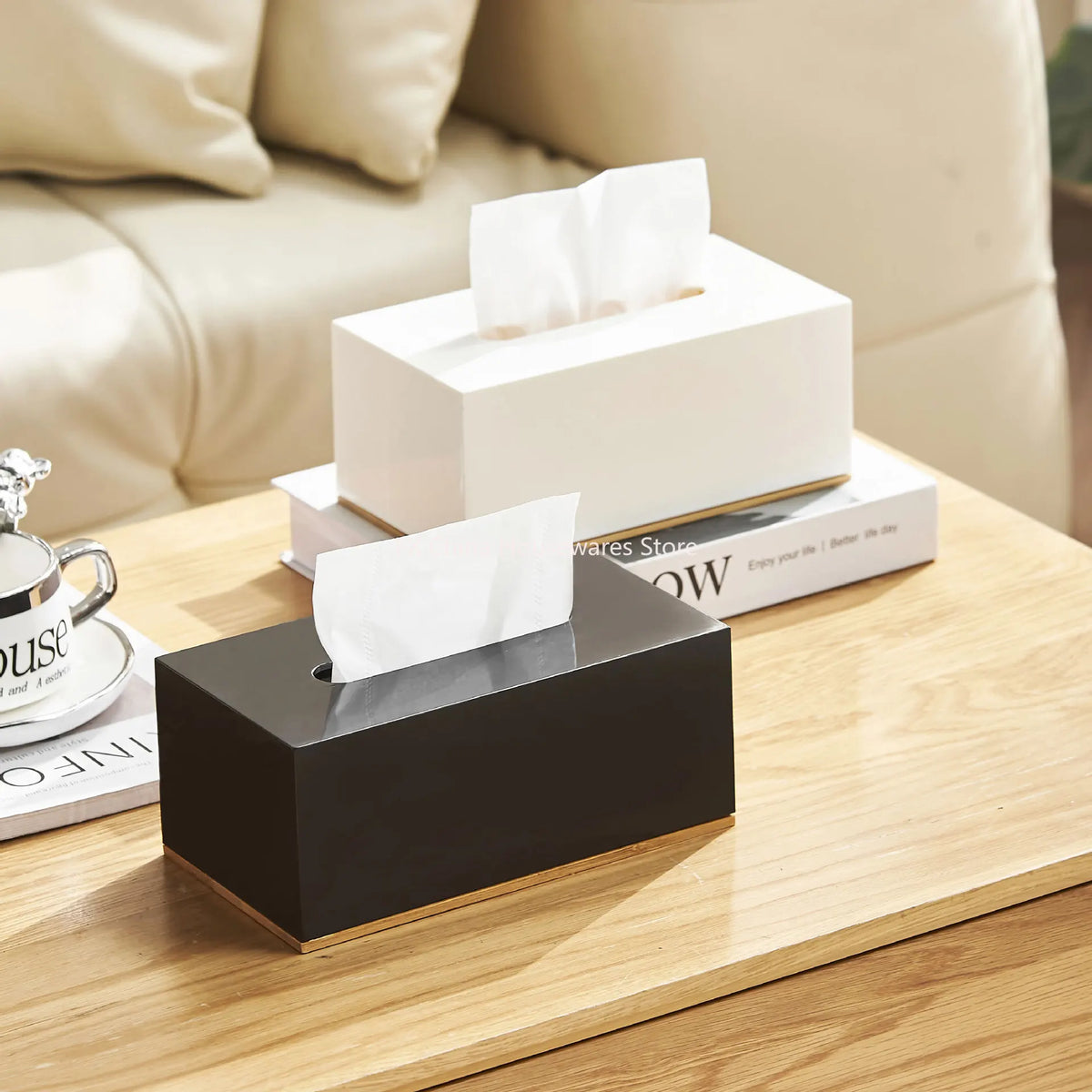 Stylish Plastic Tissue Box Bamboo Base Desktop Organizer Living Room