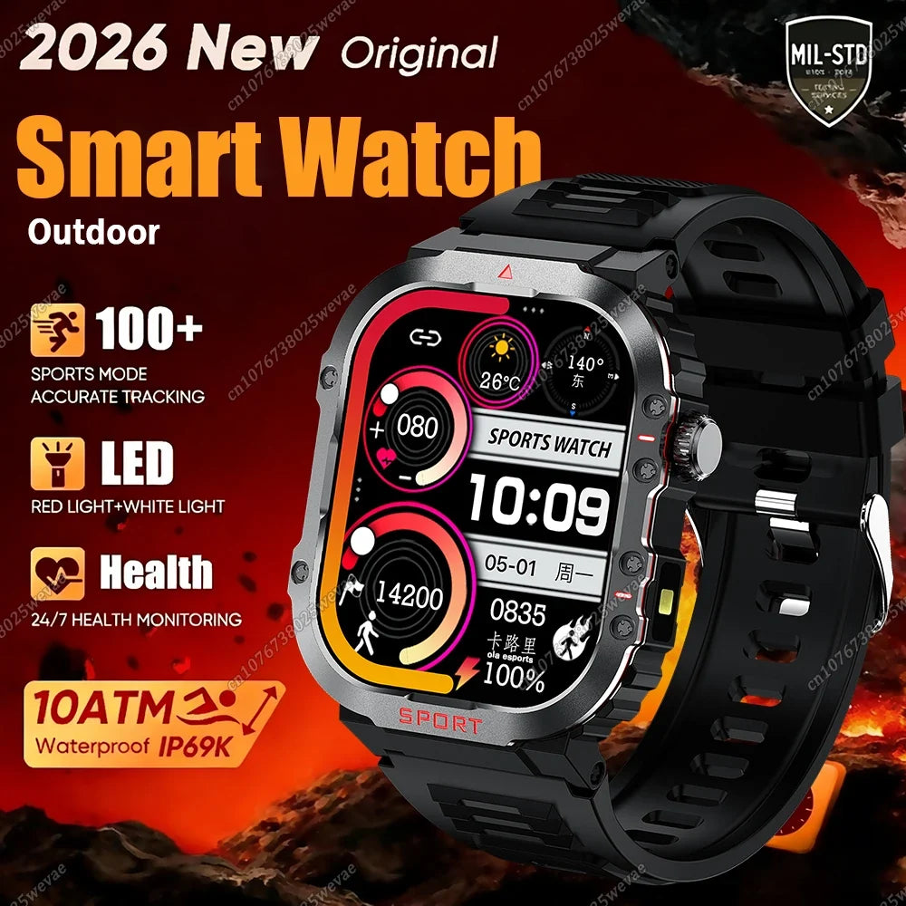 Military-Style Smart Watch | Bluetooth Call, Heart Rate, Flashlight