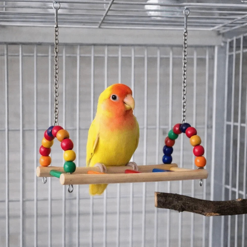 Wooden Parrot Swing Perch Stand with Colorful Beads | Bird Cage