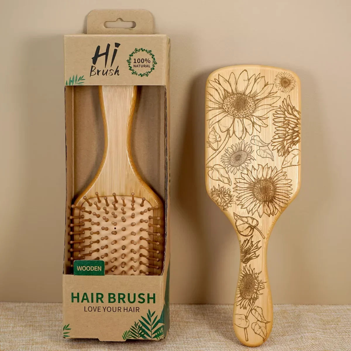 Natural Bamboo Square Comb – Sunflower Anti-Static Hair Comb