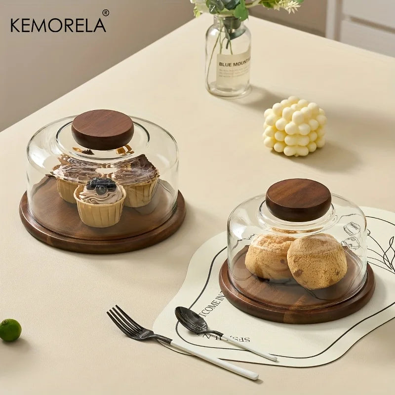 Round Wooden Cake Stand with Glass Dome Lid | KEMORELA
