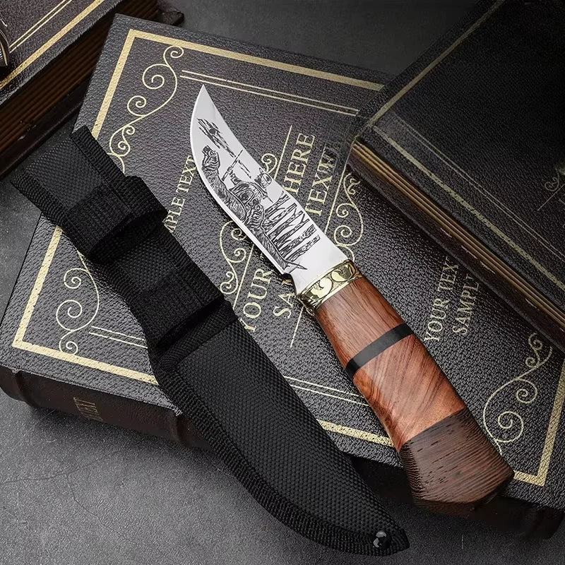 Fixed Blade Camping Knife – Engraved Stainless Steel & Wood Handle
