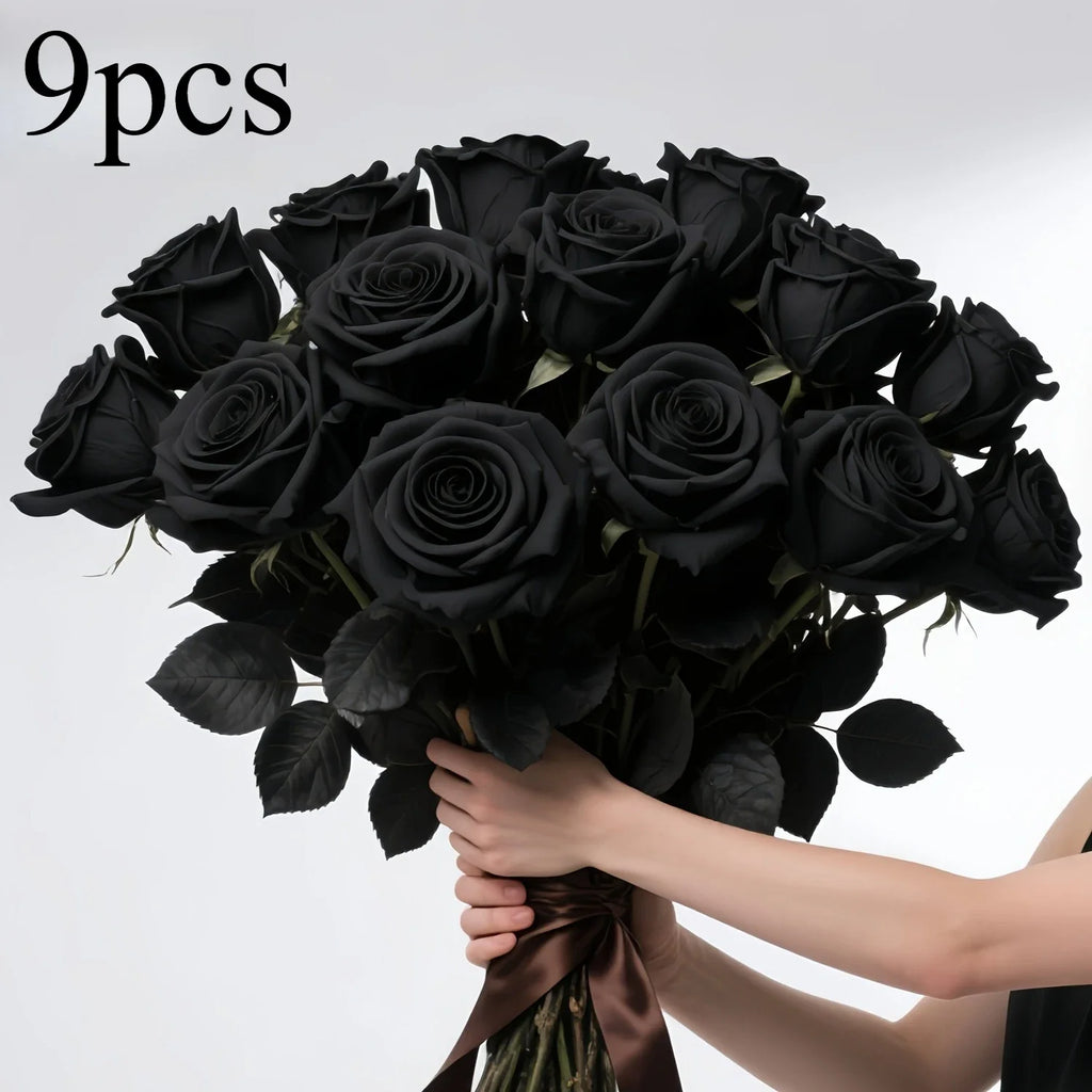 9-Bundle Black Artificial Rose Bouquet – Faux Flowers Decor