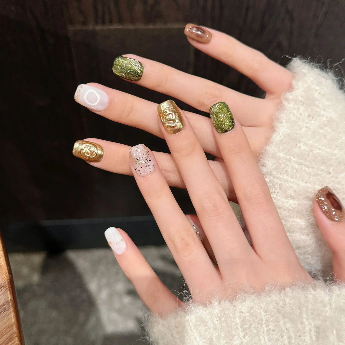 3D Gold Snake Press-On Nails | Cat Eye Short False Nail Tips