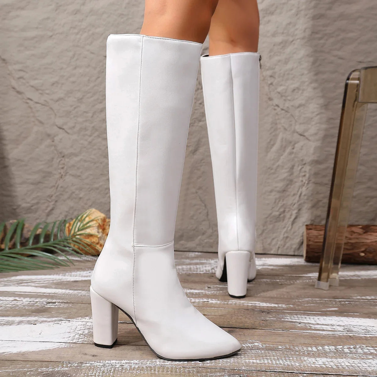 Women's Pointed Toe Knee-High Boots – Side Zip Square Heel