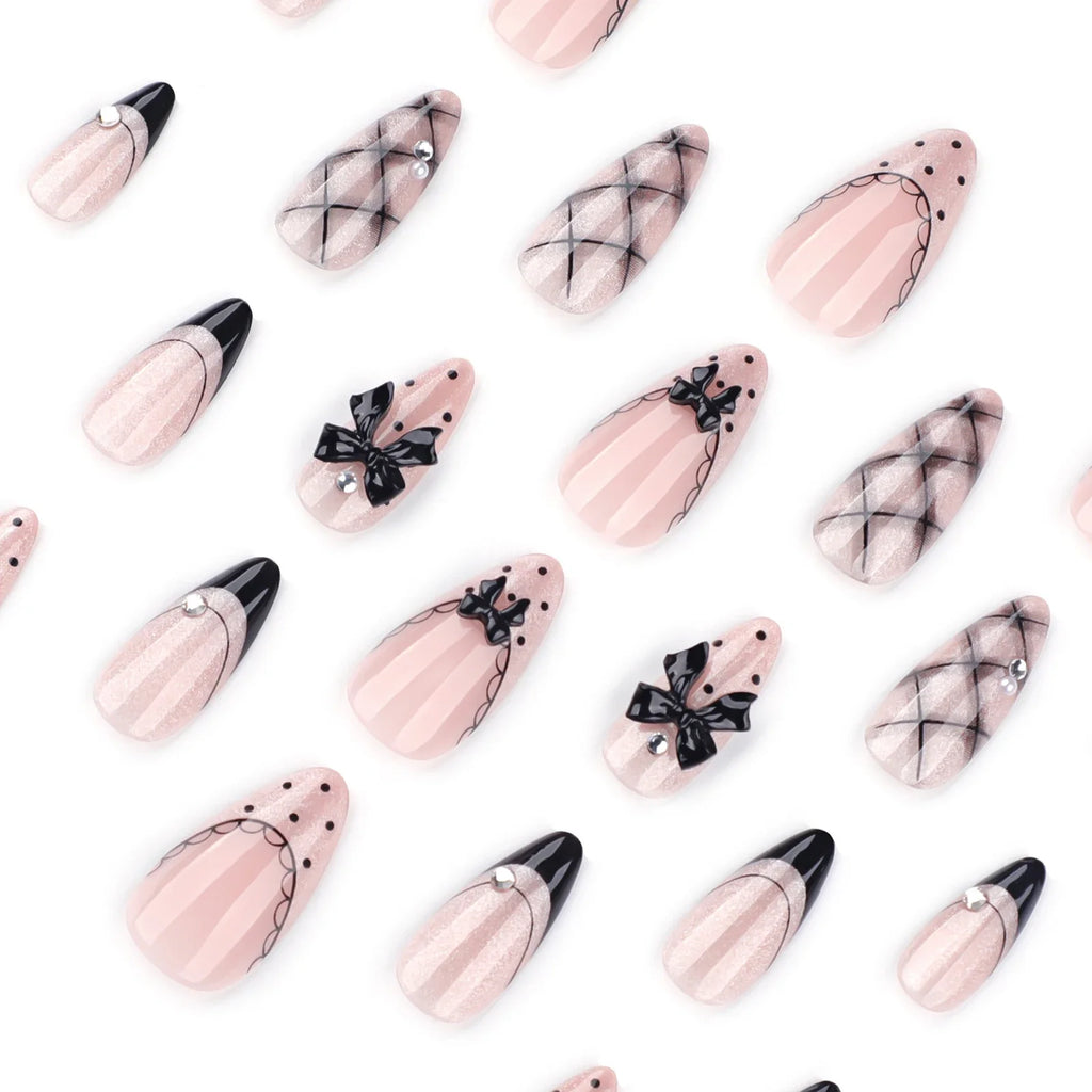 24pc Almond Press On Nails – French Black Polka Dot & 3D Pink Bow