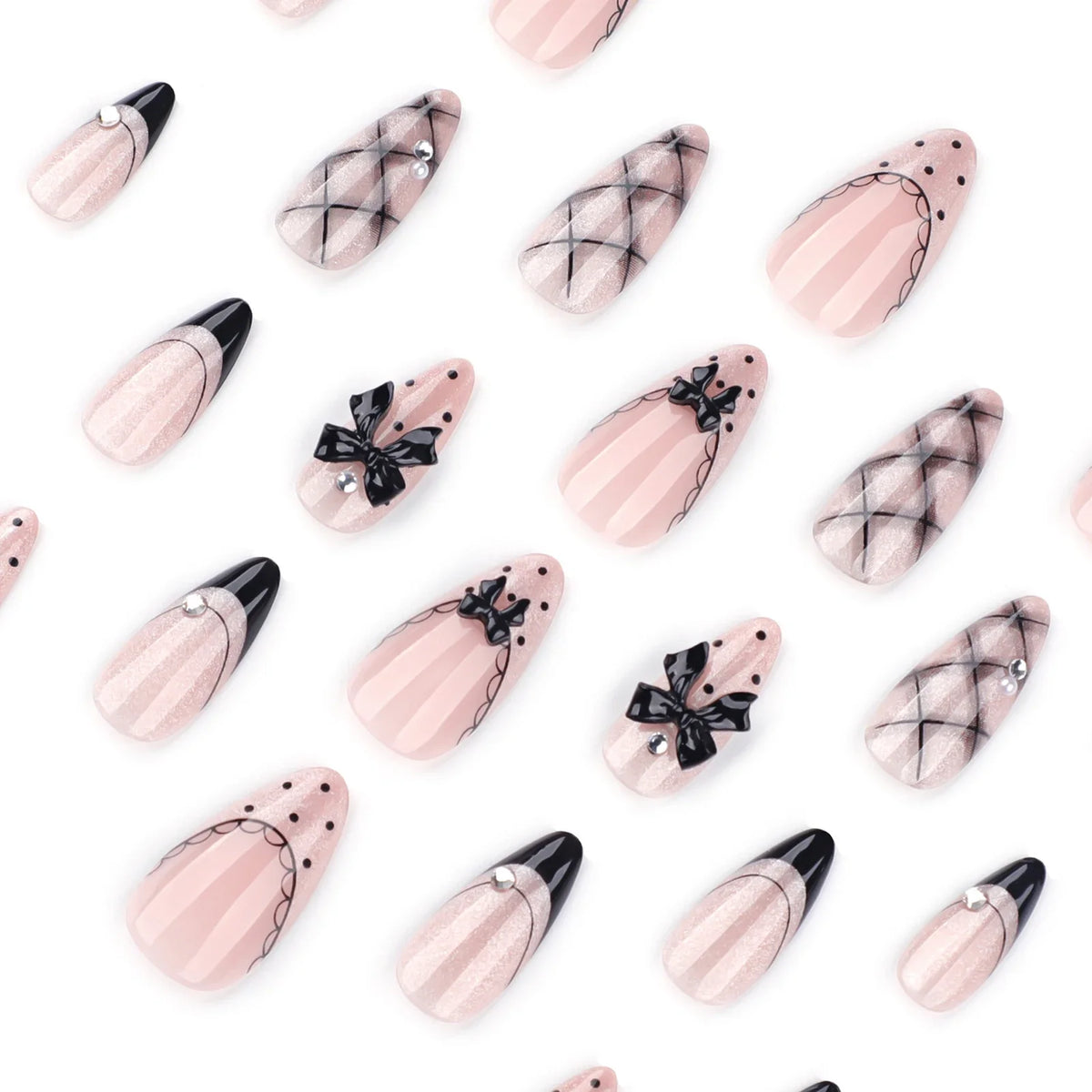 24pc Almond Press On Nails – French Black Polka Dot & 3D Pink Bow
