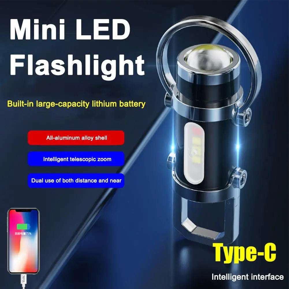 Mini Keychain LED Flashlight – 8 Modes, Power Bank, Type-C