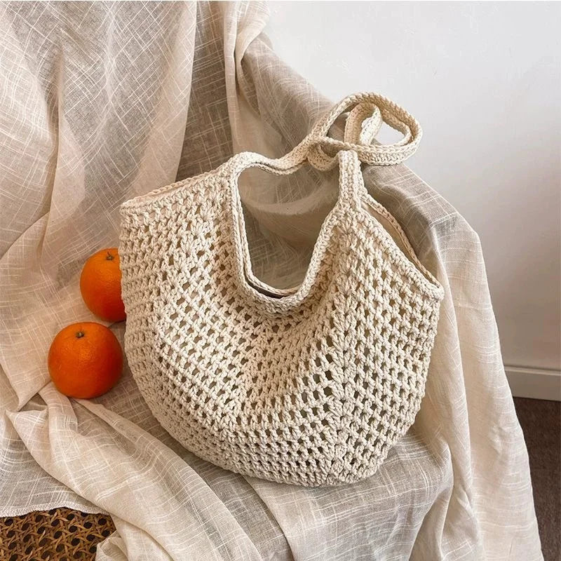 Women's Mesh Beach Tote Bag – Foldable Summer Straw Tote