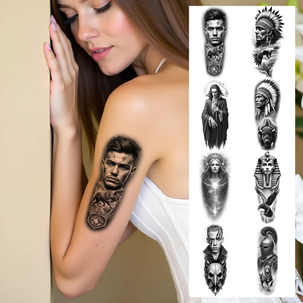 12pc Black & Grey Temporary Tattoos – Skull, Warrior & Animal