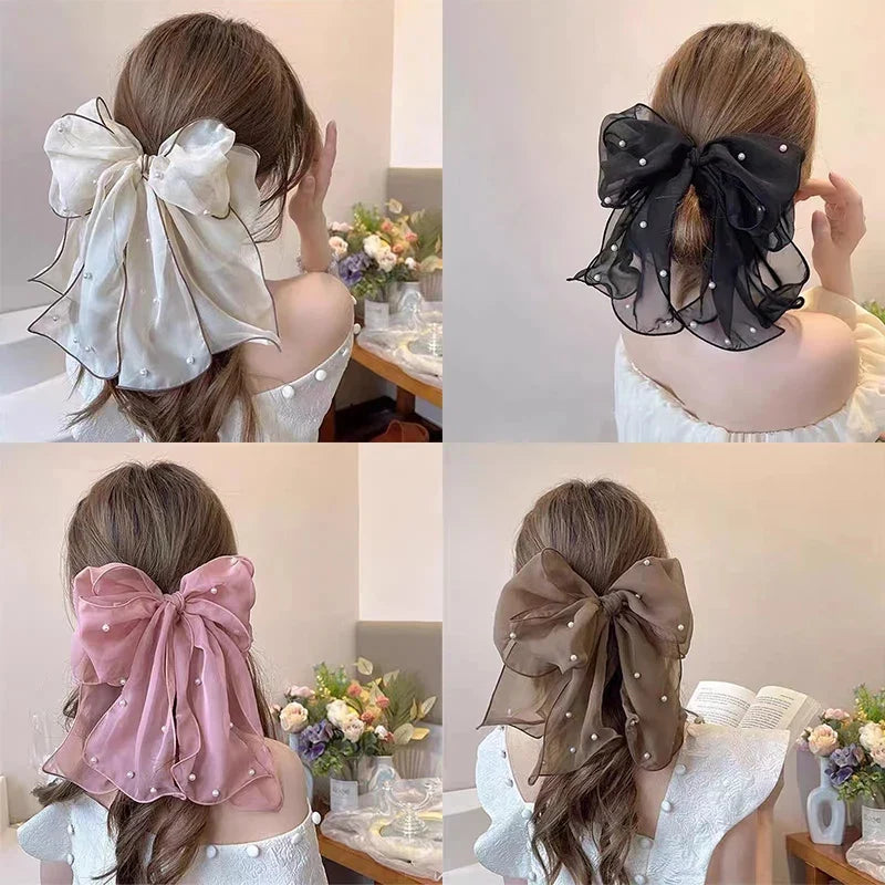 Pearl Bow Hair Clip – Elegant Chiffon Ribbon Barrette for Women