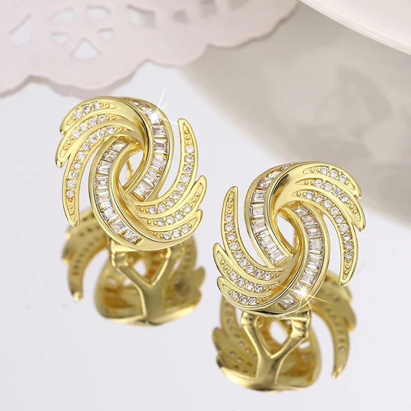 Huitan Gold Cubic Zirconia Stud Earrings | Geometric Fashion