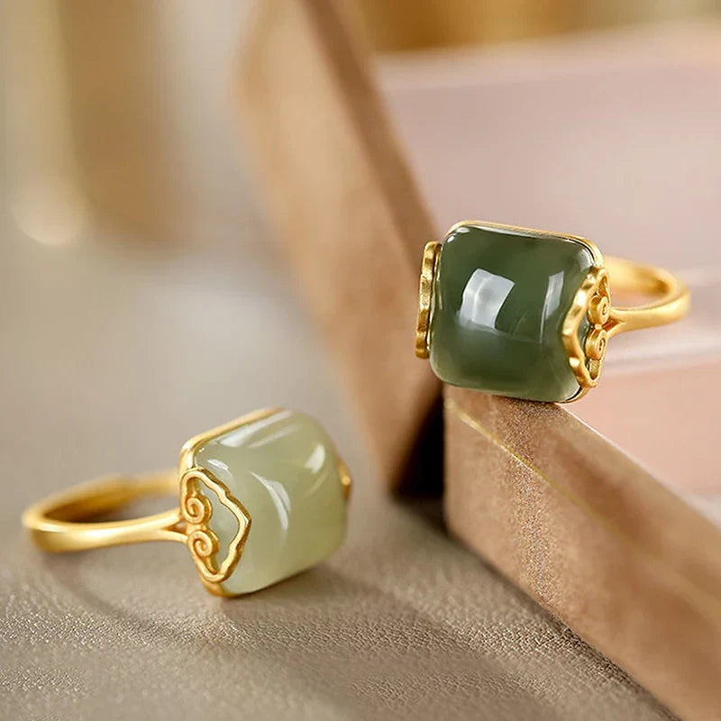 Vintage Auspicious Clouds Imitation Jade Adjustable Ring Women