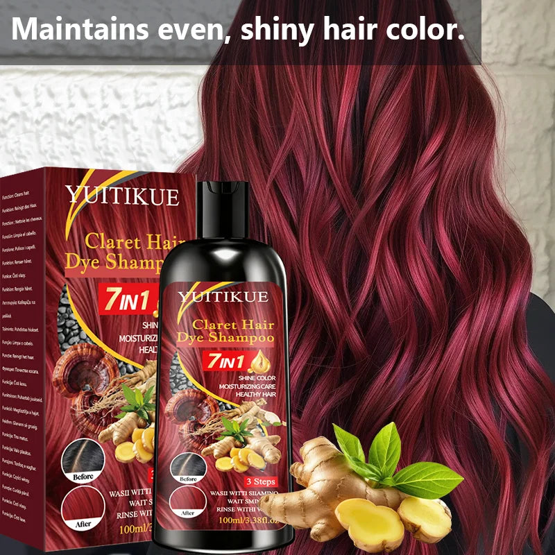 YUITIKUE Claret Color Shampoo – 7-in-1 Hair Dye & Shine