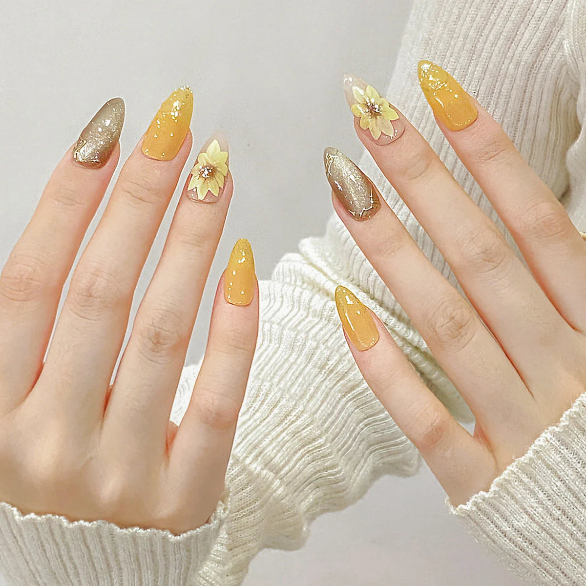 Press On Nails Cat Eye Almond Sunflower Design | YADORNOS 10pc