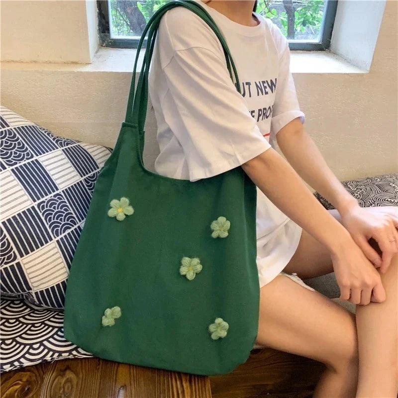 Floral Canvas Tote Bag – Minimalist One Shoulder Bag for Women