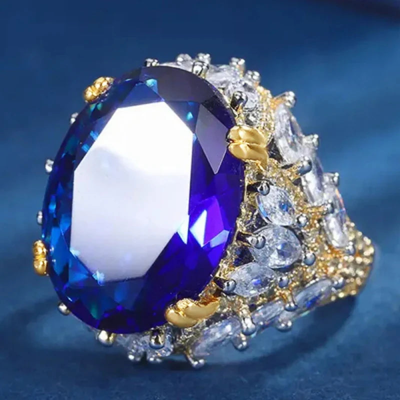 Huitan Oval Blue CZ Two-Tone Women's Wedding Band Ring