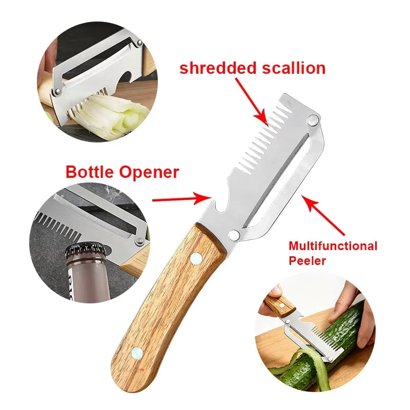 3-in-1 Stainless Steel Vegetable Peeler with Wooden Handle