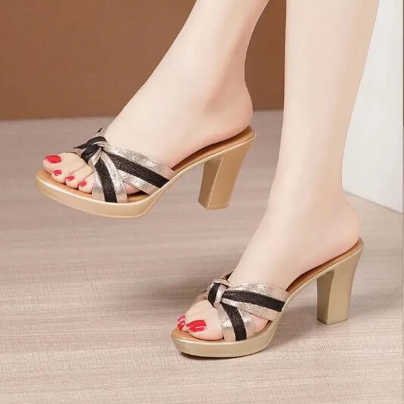 Women's Stripe Bow Block Heel Platform Slides | Summer Slippers