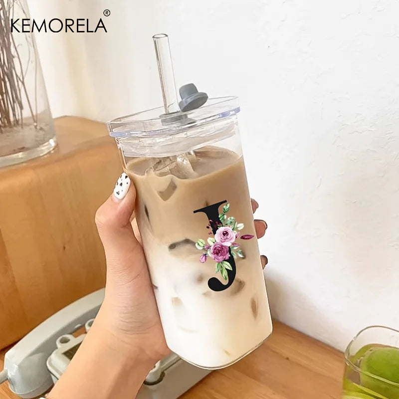 KEMORELA 300ml Letter-Shaped Glass Tumbler with Lid & Straw