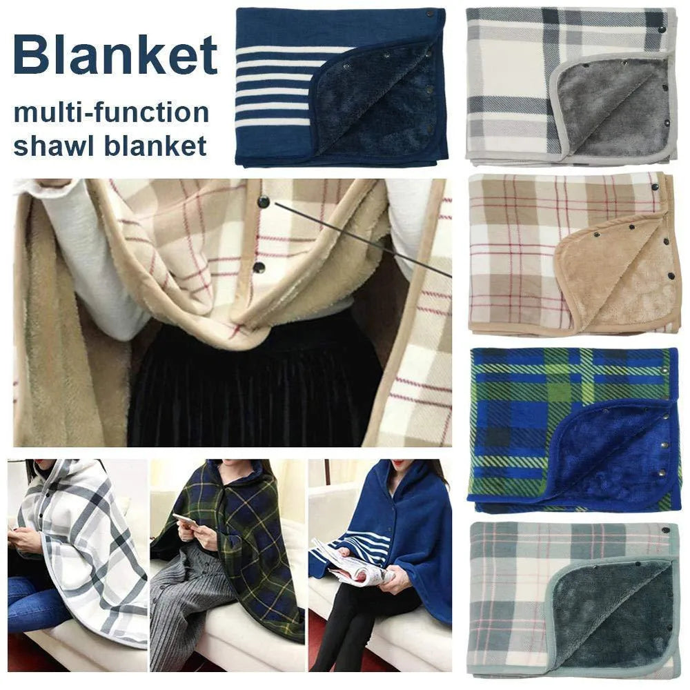 Wearable Plaid Fleece Throw Blanket with Button | Shawl Wrap