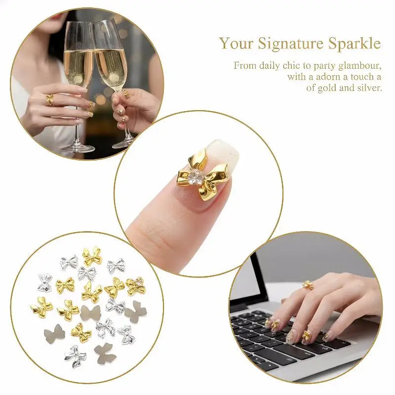 50pcs Gold & Silver Bow Tie Resin Nail Art Charms | Manicure Decor