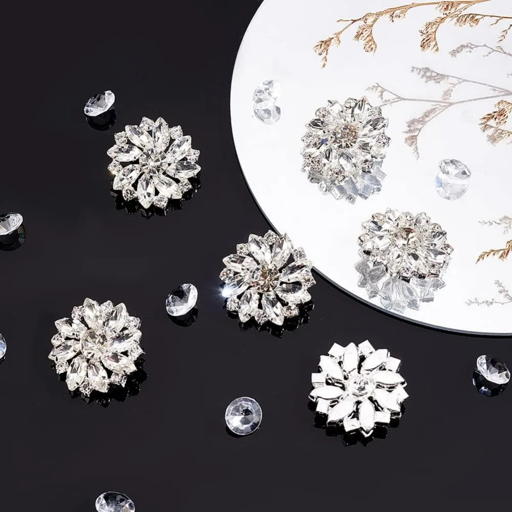 6-Pack 26.5mm Flower Brass Rhinestone Shank Buttons – Crystal Silver