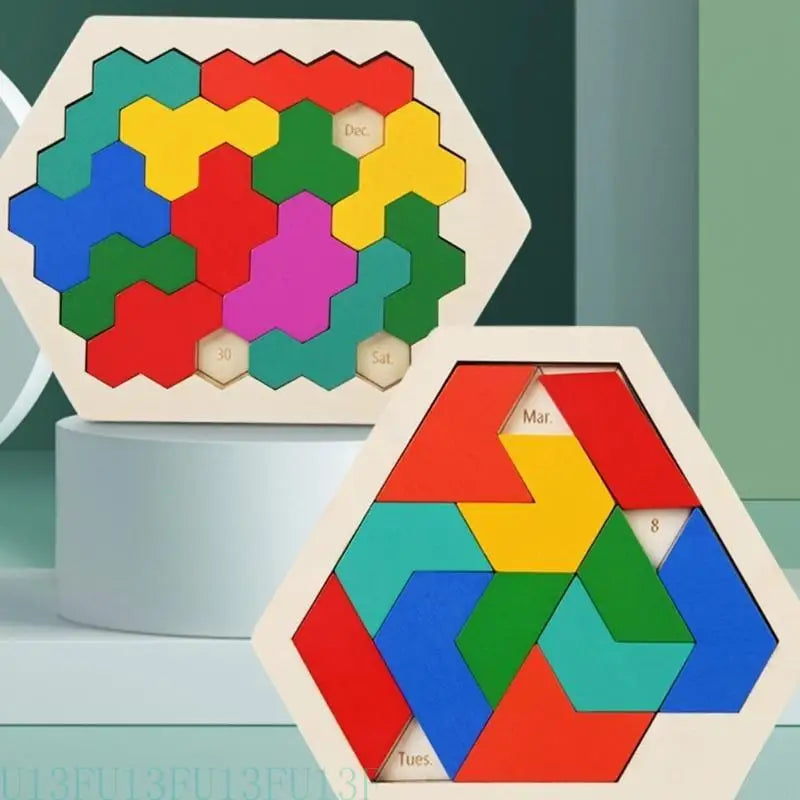 Wood Hexagon Tangram Puzzle – STEM Brain Teaser for Kids & Adults
