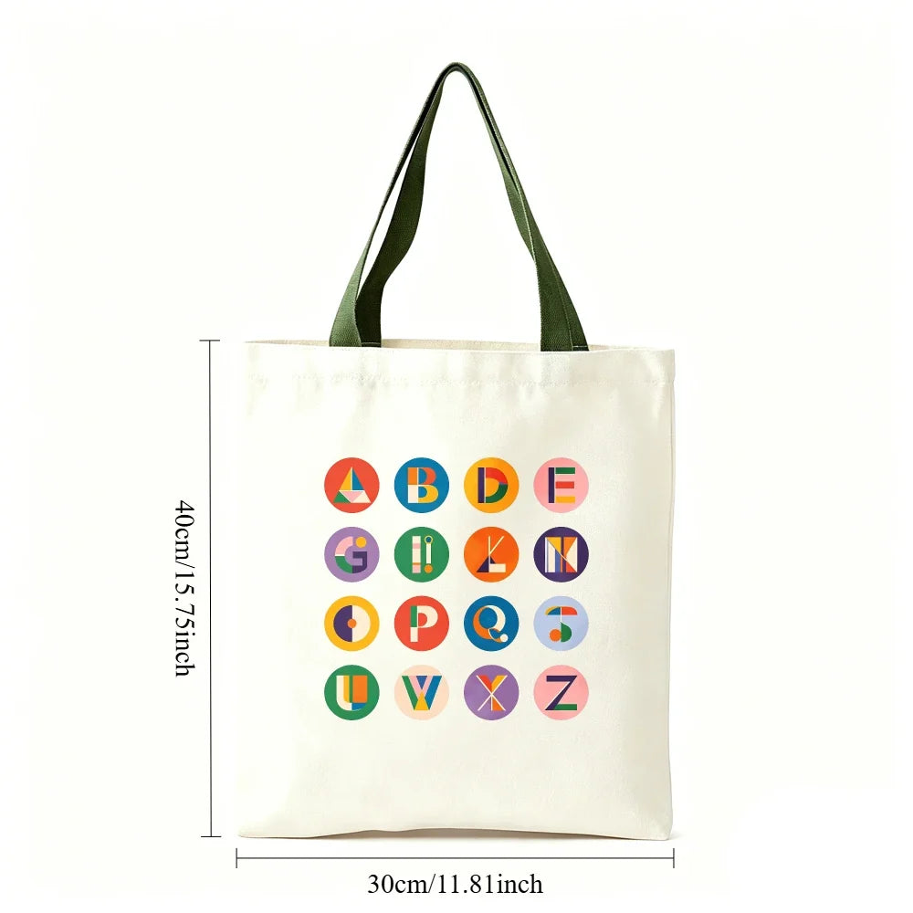 Vibrant Geometric Alphabet Canvas Tote Bag Large Cotton Shoulder