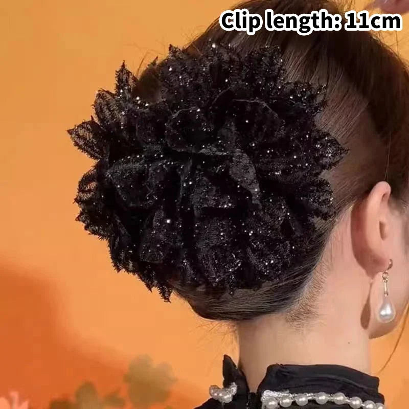Black Mesh Flower Shark Claw Hair Clip for Women
