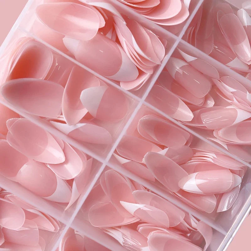 120/240/360Pcs Pink French Press On Nails | Almond False Tips