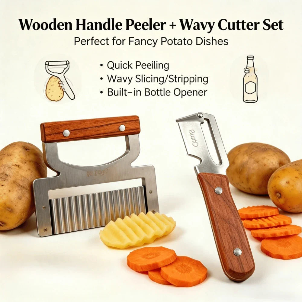 Wooden Handle Peeler & Wavy Cutter Set – Stainless Steel