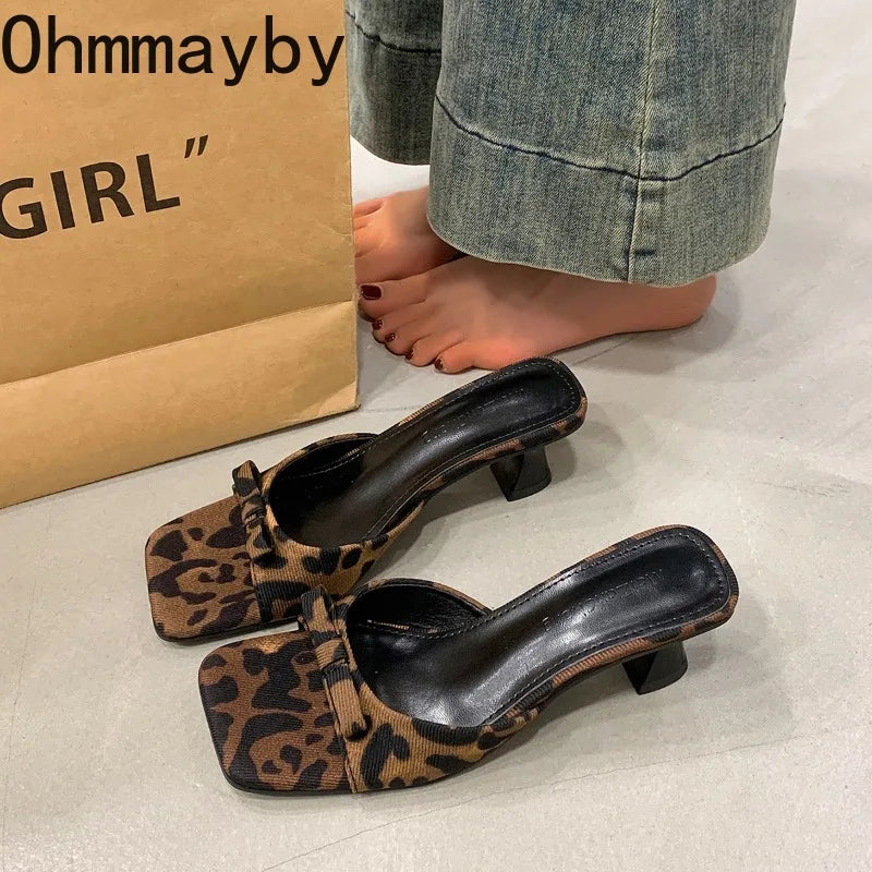 Women's Butterfly-Knot Square Toe Slide Mule Slippers Low Heel