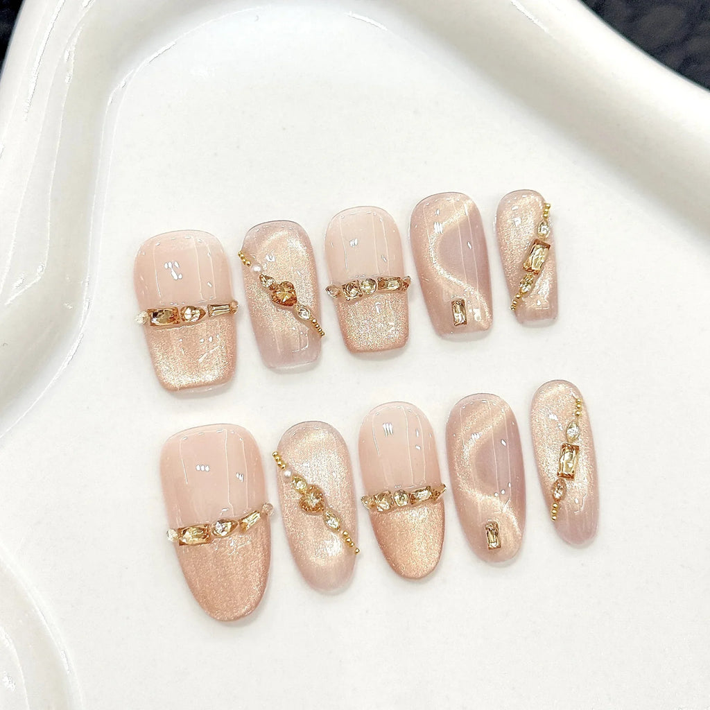 10pcs Press-On Nails | Gold Diamond Cat Eye Glitter Tips