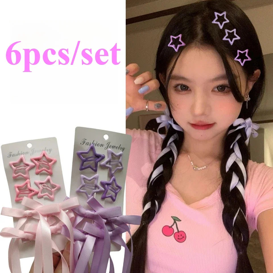 6-Piece Kawaii Star Barrettes – Y2K Hair Clips & Bow Set