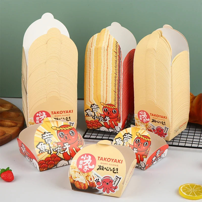50-Pack Takoyaki Boxes – Disposable Octopus Ball Packaging