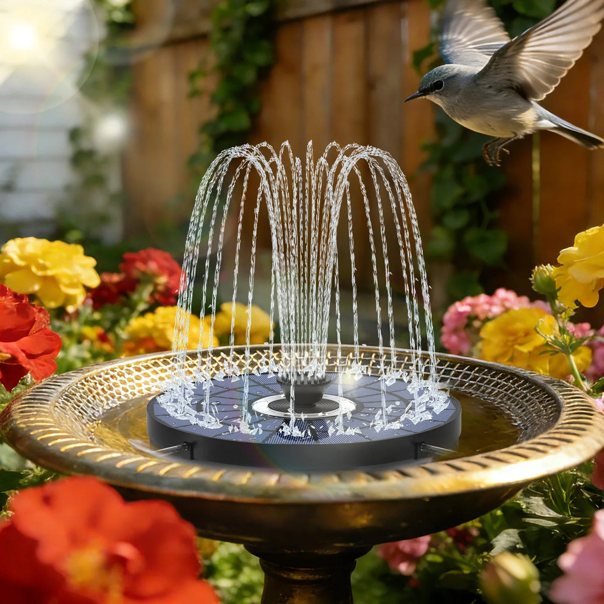 5.5W Solar Water Fountain – 8 LED Lights & 8 Nozzles, Battery