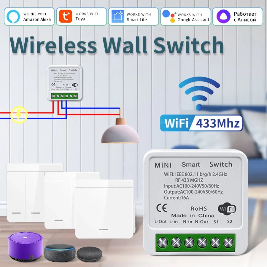 Tuya WiFi 433MHz Smart Wall Switch 1/2/3 Gang – Alexa & Google