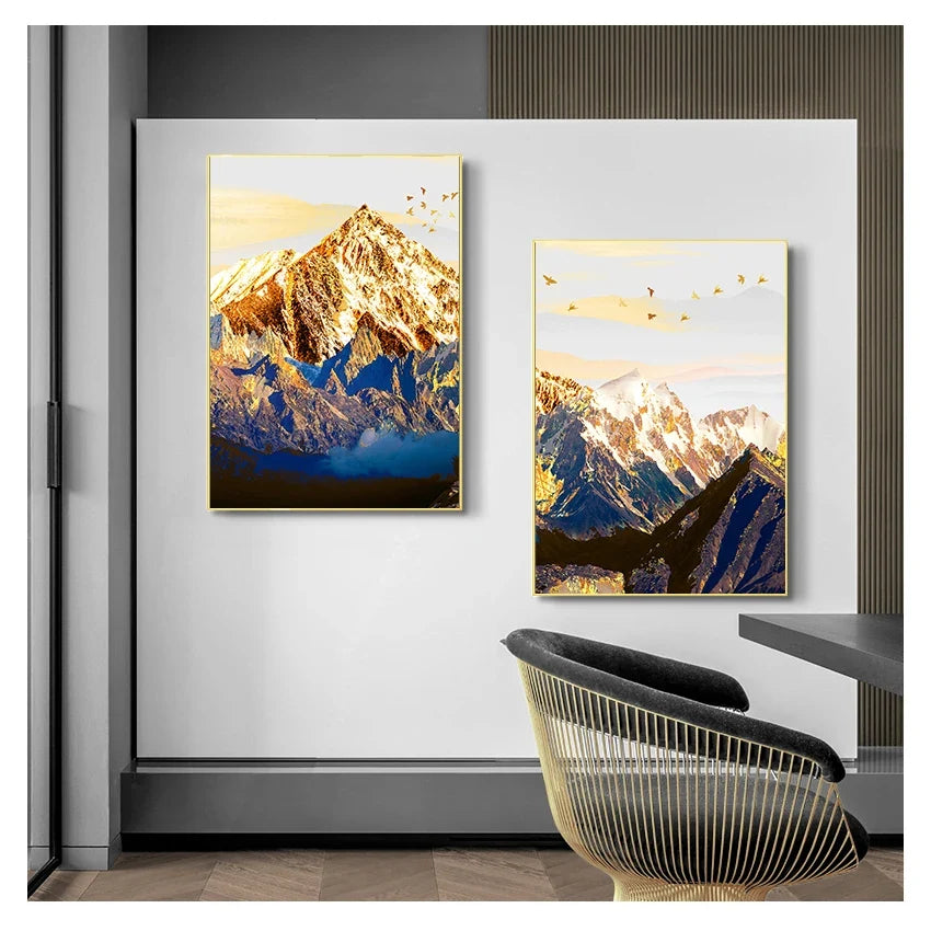 Nordic Snow Mountain Golden Abstract Canvas Wall Art Print Poster