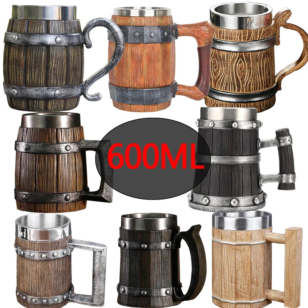 Viking Wood Barrel Beer Mug 600ml – Double Wall Stainless Steel