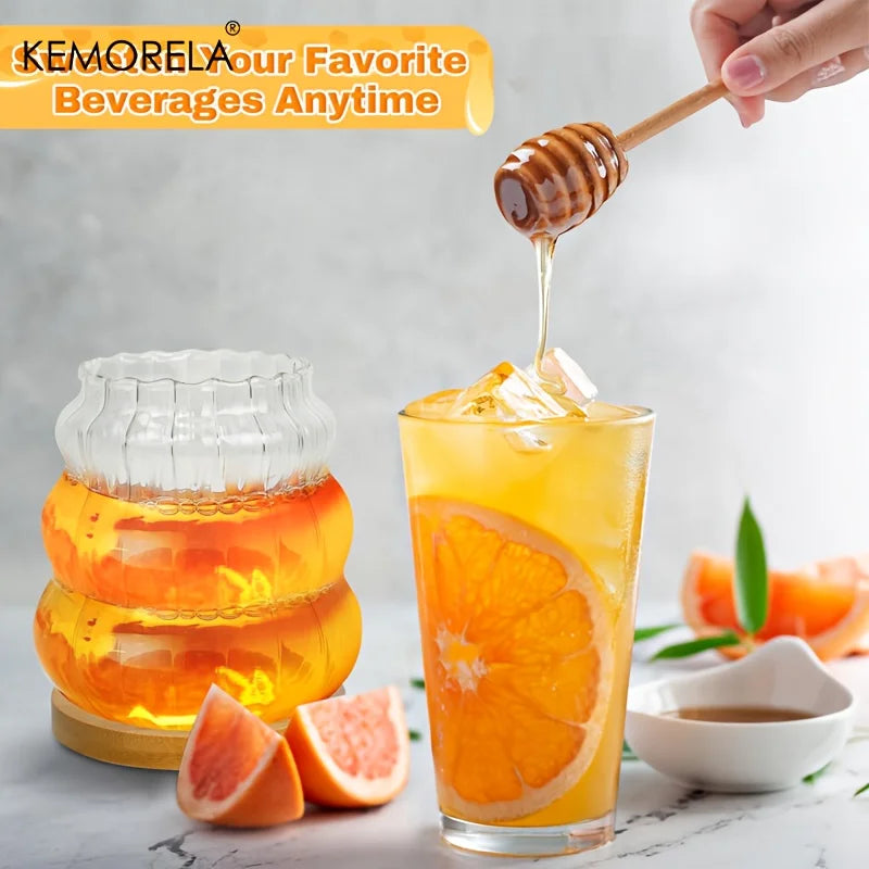 KEMORELA Glass Honey Jar with Wooden Spoon & Lid – 330/450ML