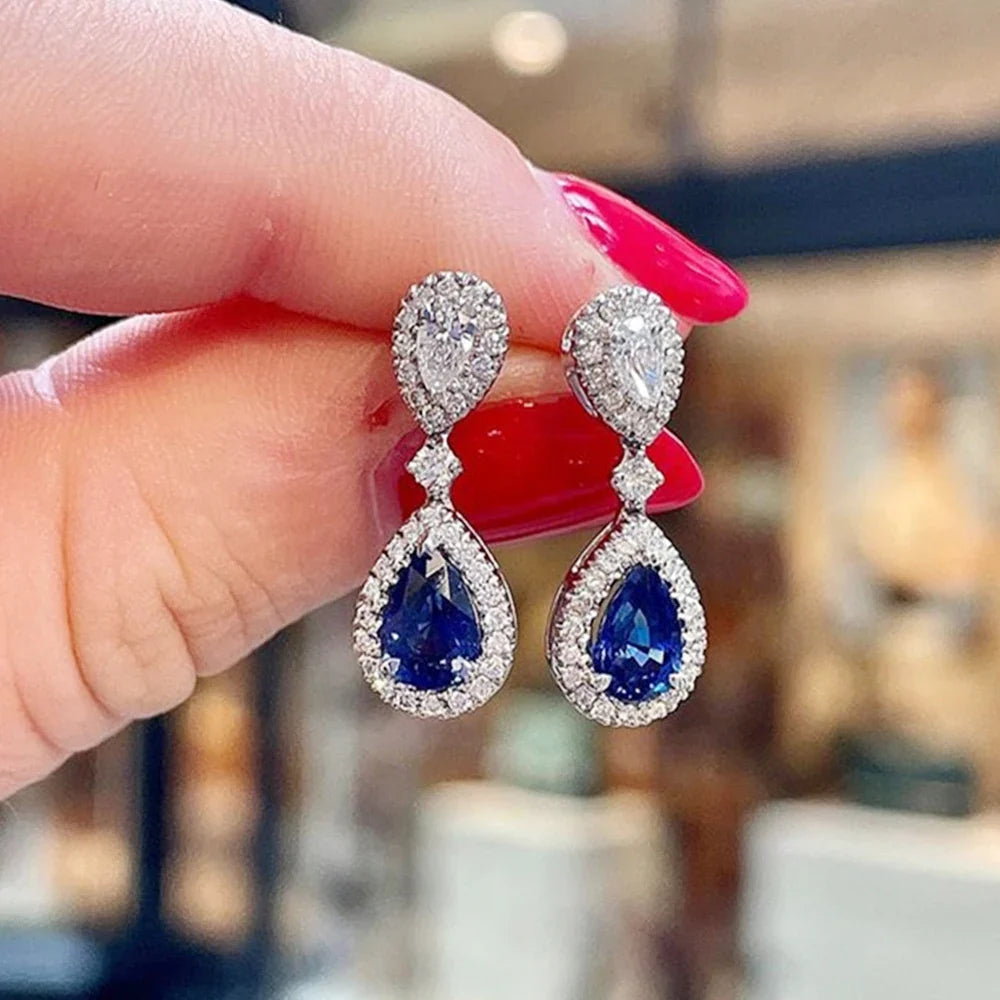 Huitan Water Drop CZ Earrings – Blue & White Cubic Zirconia